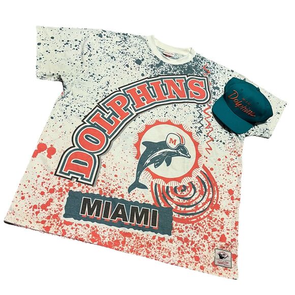 Miami Dolphins Mitchell & Ness Throwback T-Shirt All Over Print 3X w/Hat NWOT - Picture 1 of 13